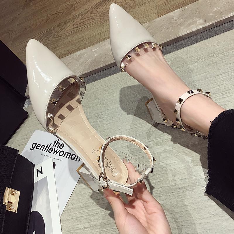 

Women's Shoes Pointed Toe Thick Sandals 2020 Spring New Rivets Buckle High Heels, White