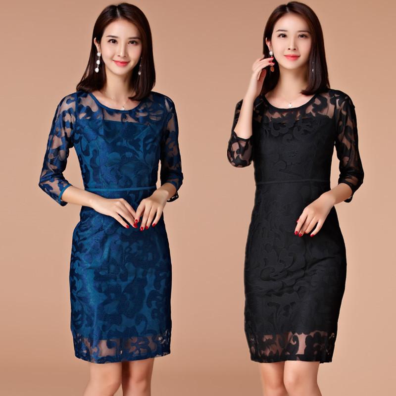 

3XL BIG SIZE Spring Autumn Sexy Elegant Women Embroidery Mesh Work Business Dresses Ladies Plus Large Party Short Dress, Black