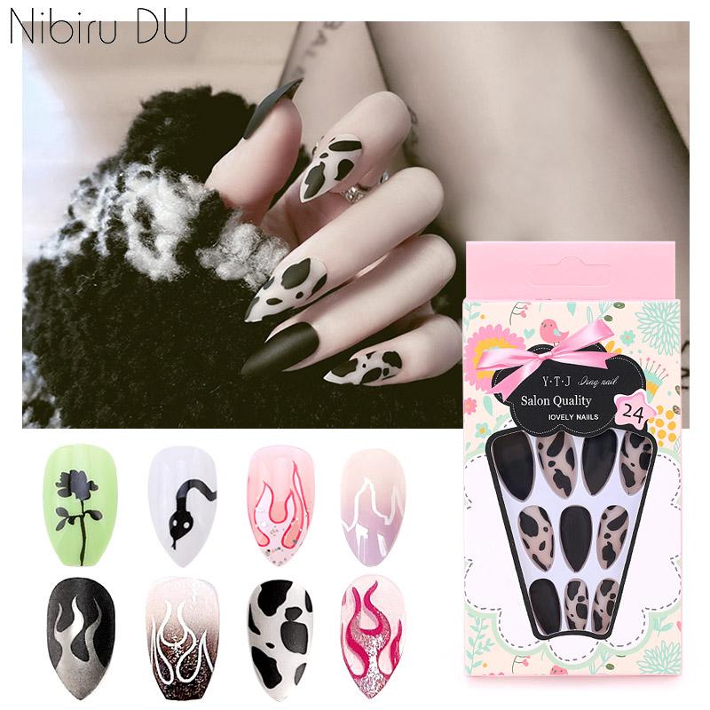 

24pcs/set Detachable Long Stiletto Fake Nails Punk Snake Fire Pattern Full False Nail Art Tips Beauty Artificial Manicure Tools, Style 3