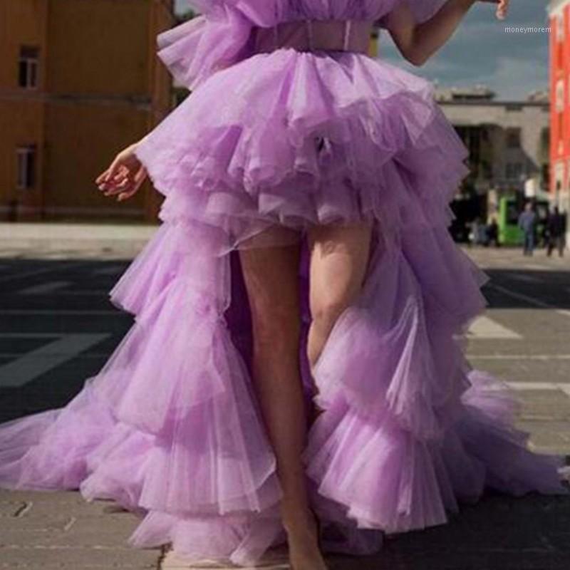 

High Fashion Women Skirt Asymmetrical Female Lilac saias Lavender Long Skirts jupe femme Satin Zipper Skirt Layered Pretty1, White