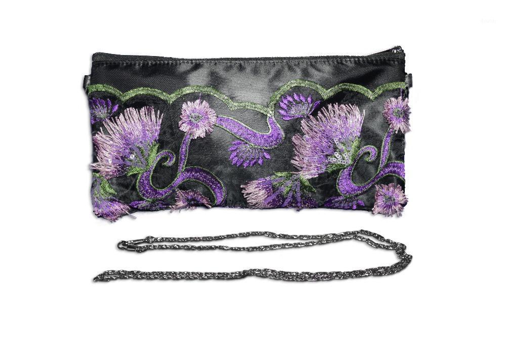 

Hand Made New women lace handbags female Embroidery hand made flowers sequin 2 in 1 Purse Chain shoulder bag zipper bag1, Black