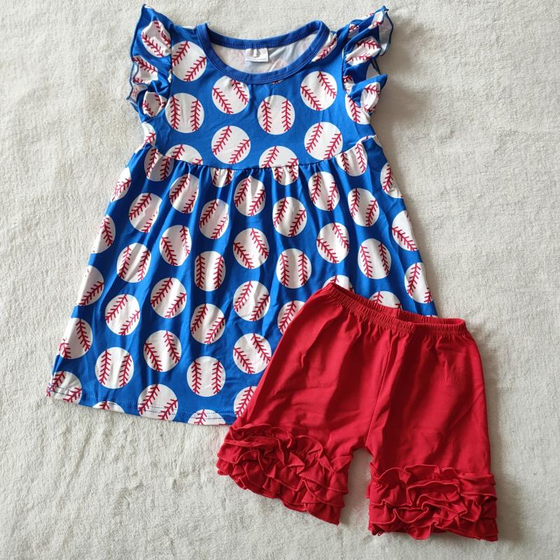 

Baby Girl Clothes Blue Ball Shorts Sleeve Top+Red Lace Shorts Pants 2 Pics Set