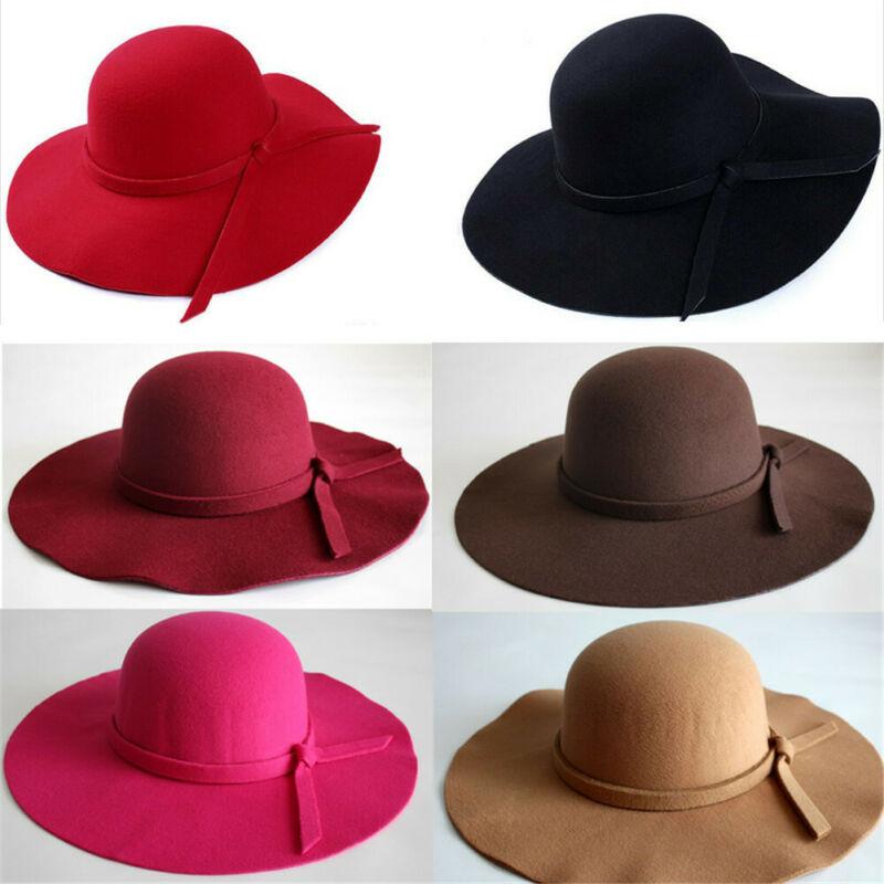 

Fashion Women Ladies Floppy Wide Brim Wool Felt Bowler Summer Beach Hat Sun Cap Summer, Black
