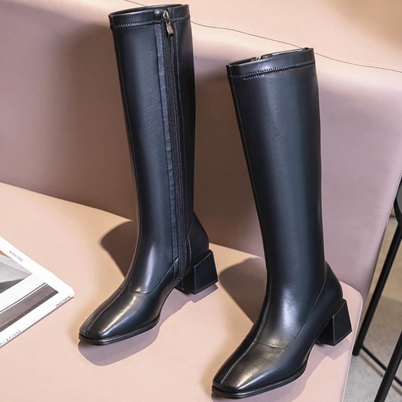 

Band Design Knee High Boots For Women Fashion Thick high Heels Female boots Women Working Casual Tight, Beige