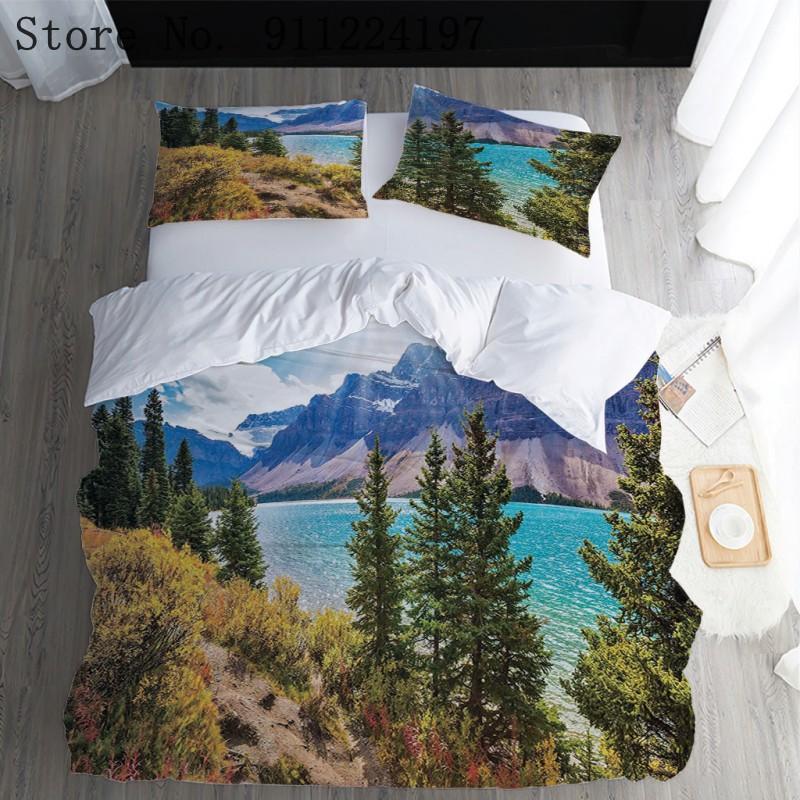 

3D Landscape Bedding Set Mountain Tree Printed Scenic River Duvet Cover With Pillowcases For Home Bedroom  Queen King Size, Color-1