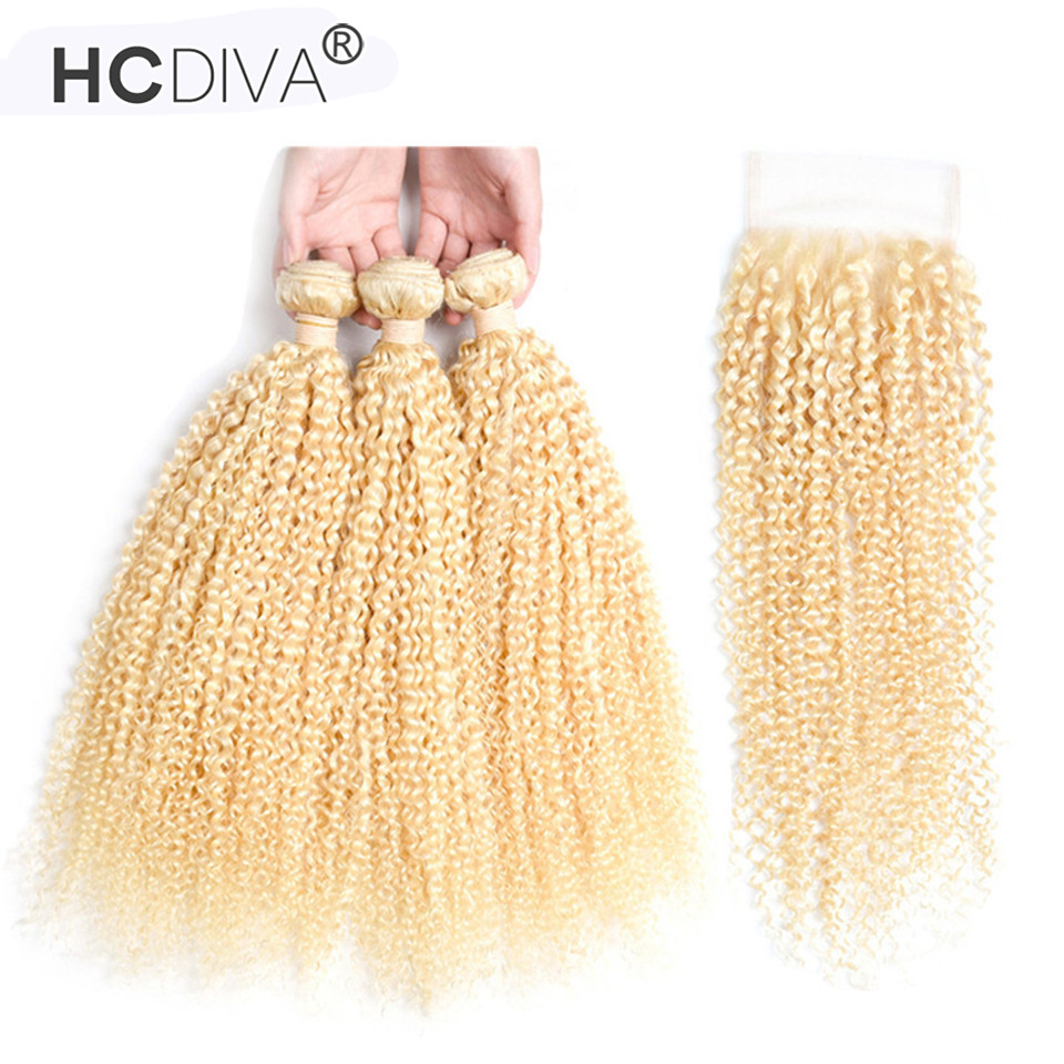 

Brazilian Kinky Curly 3 Bundle Hair with Lace Closure 4*4 Free Part 100% Virgin Human Hair Extension Deep Curl 10-32 inch in Stock, Blonde