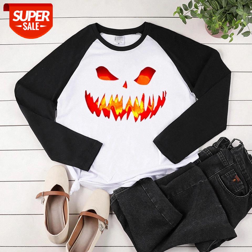 

Pumpkin Emotions Print Halloween Long Sleeve T-shirts Women Autumn Winter Graphic Tees Vogue Two-tone Stiching Clothes Feminist #9Z6X, White