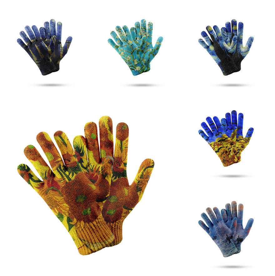 

The Famous Van Gogh Sunflower Oil Painting Knitted Women And Men Winter Warm 3D Print Non-Slip Touch Screen Gloves