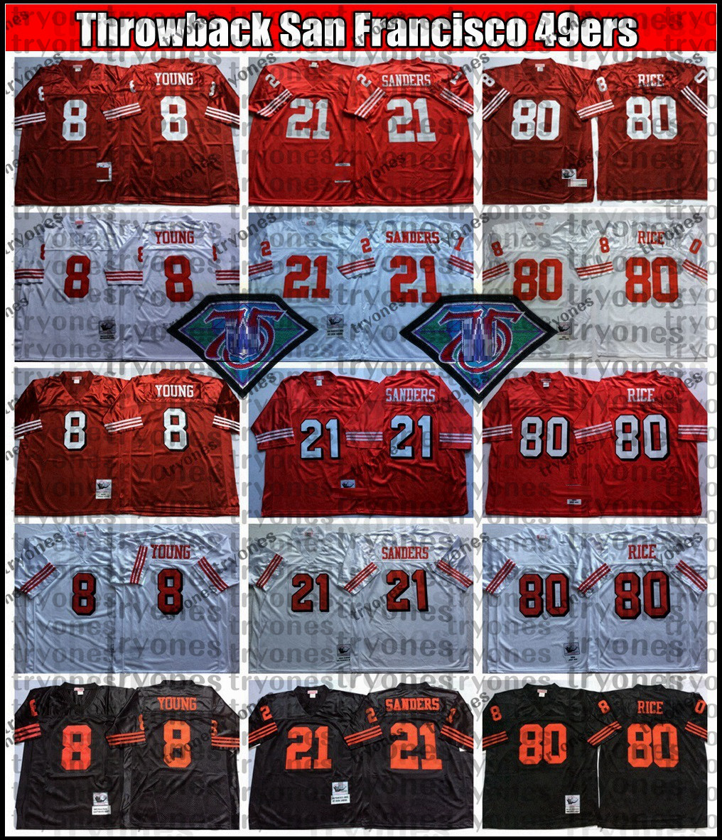 

Vintage Mens 8 Steve Young 21 Deion Sanders 80 Jerry Rice Red 75th Football Jersey Embroidery Shirts Black BB7, Black;red