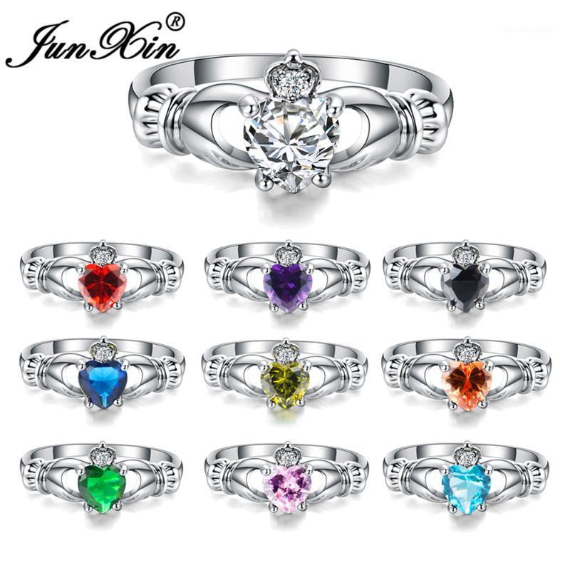 

Wedding Rings JUNXIN Luxury Female Heart Ring Claddagh White Gold Filled Jewelry Fashion For Women Birth Stone Gifts1