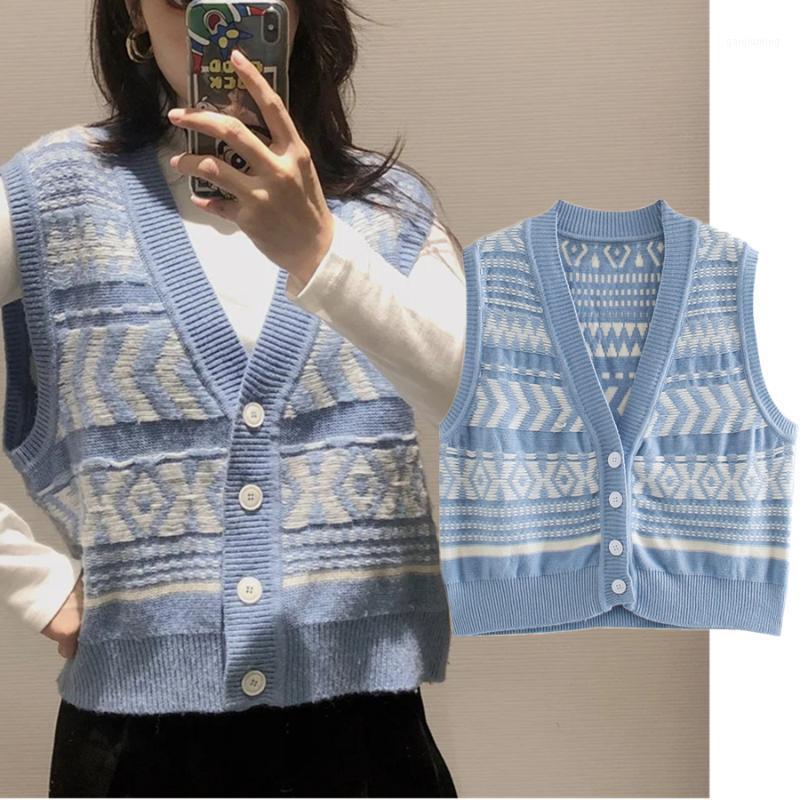 

Withered Winter Sweaters Women Indie Folk ethnic style Vintage jacquard weave Knitted Cardigans Vest Tank Sweaters Women Tops1, Blue