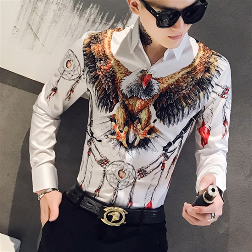 

Designer 3D Eagle Print Men Shirt Dress Long Sleeve Casual Slim Fit Mens Social Shirts Night Club Bar Streetwear Clothes Camisa LJ200925, Black