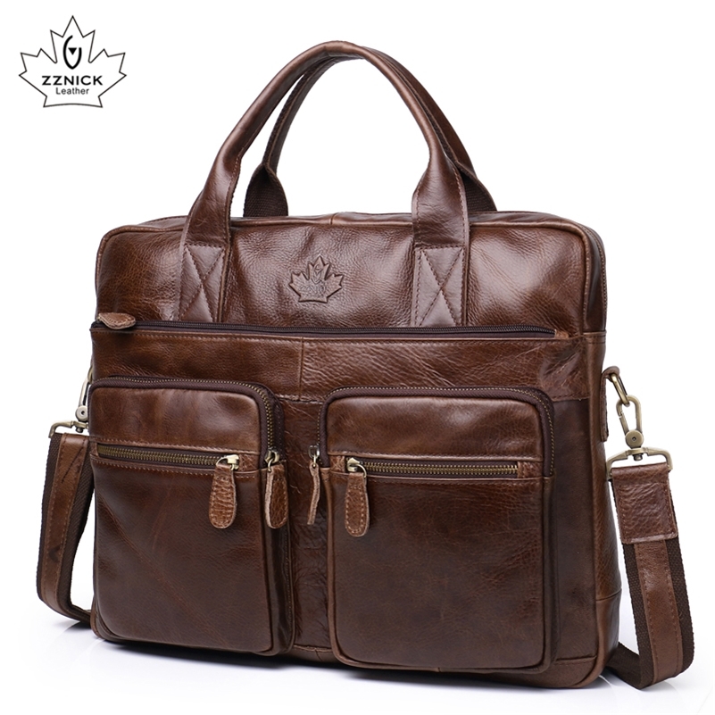 

Men's Briefcase Tote Genuine leather men messenger bags travel laptop bag business Leather shoulder laptop bag men bag ZZNICK 220301, 0072black