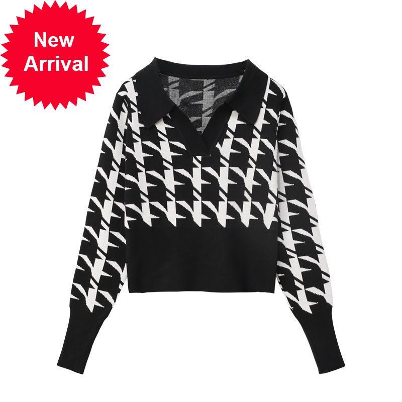 

2021 New Autumn New Houndstooth Women' Jersey Long Sleeve High Quality Retro Elegant Temperament Knitted Pullovers Tops Nmv9, Beige