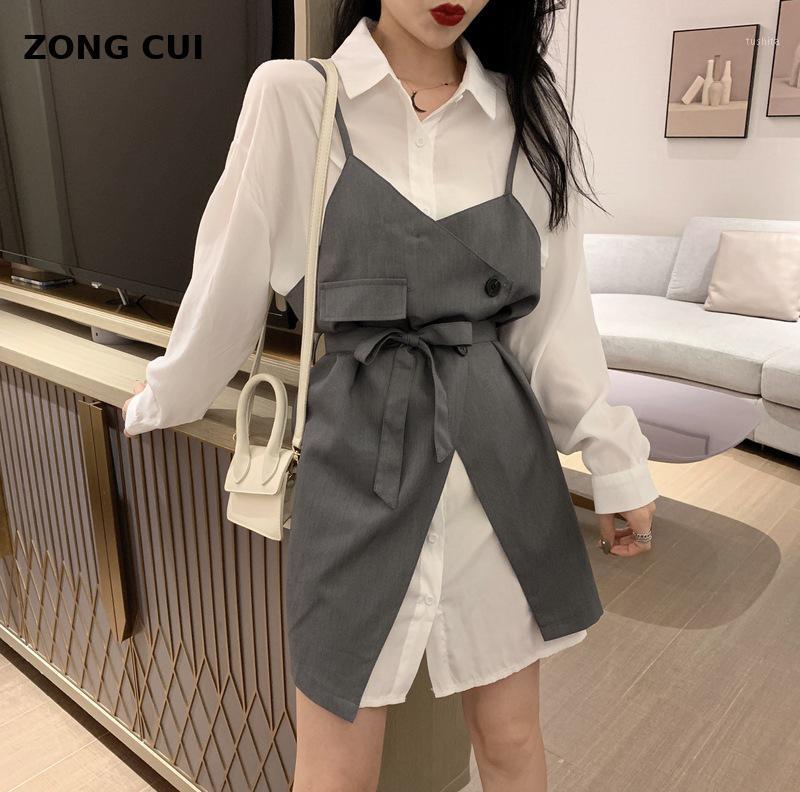 

Women's dress set 2pcs sweet 2pcs long white shirt + irregular shoulder strap Mini suit Korean street shirt skirt1, Black