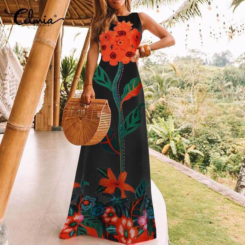 

Bohemian Robe Celmia Women Vintage Floral Print Long Dress Summer Sundress Casual Loose Holiday Party Vestidos Plus Size -5XL, Black