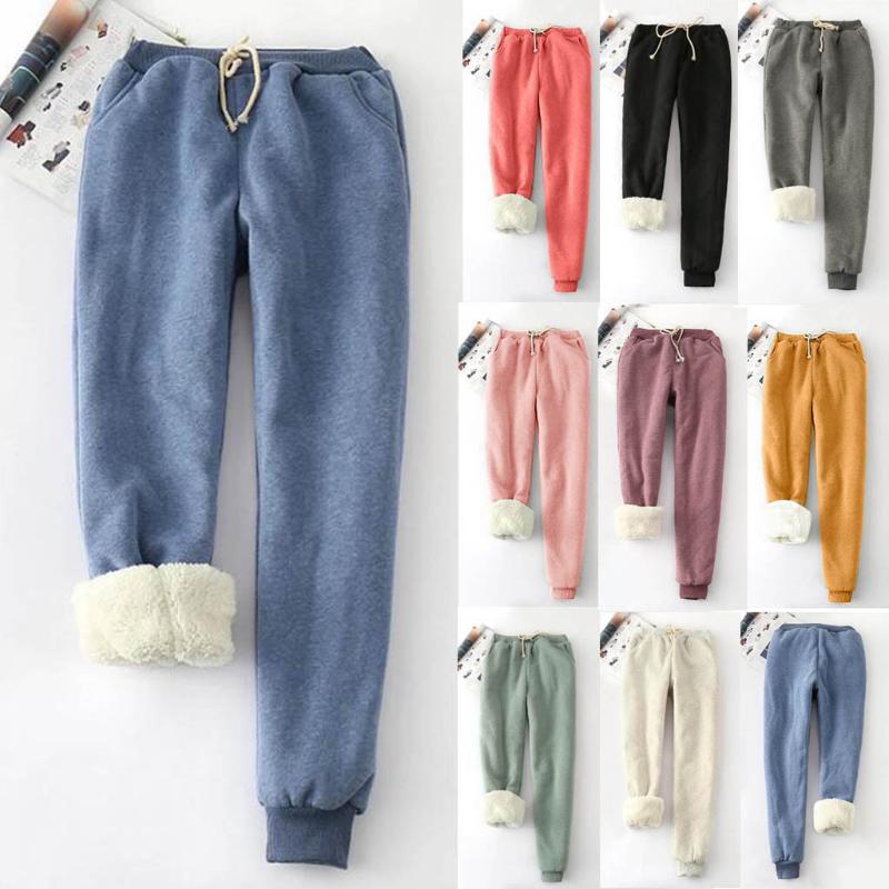 

Women Casual Fleece Velvet Pants Winter Solid Color Lady's Thicken Wool Pants Women's Clothing Lace-up Long Trousers Streetwear, Blue
