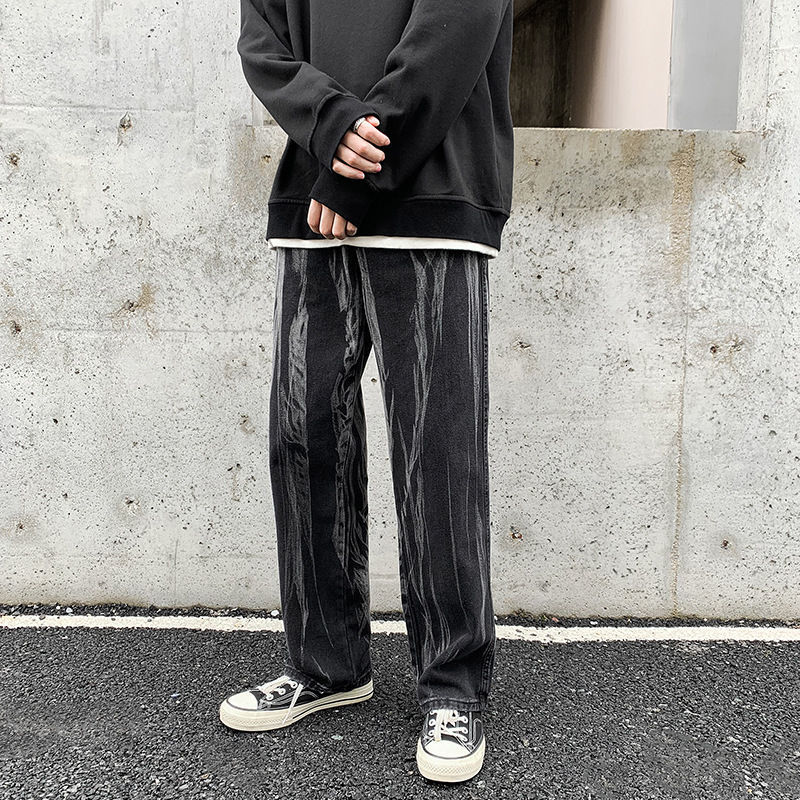 

Men's Spring 2021 and Winter New Tie-dye Straight Leg Wide Brim Pants Male Clothes WG3G, Black