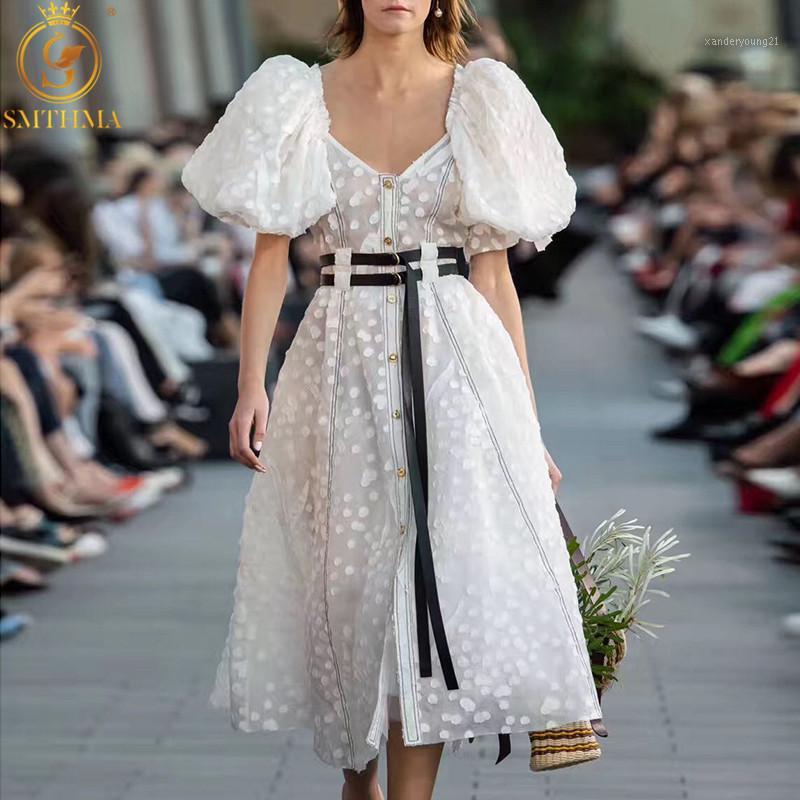 

SMTHMA 2020 New Fashion Women's Dot Dress V-Neck Puff Sleeve High Waist With Sashes Summer Long Dresses Vestido1, Photo color