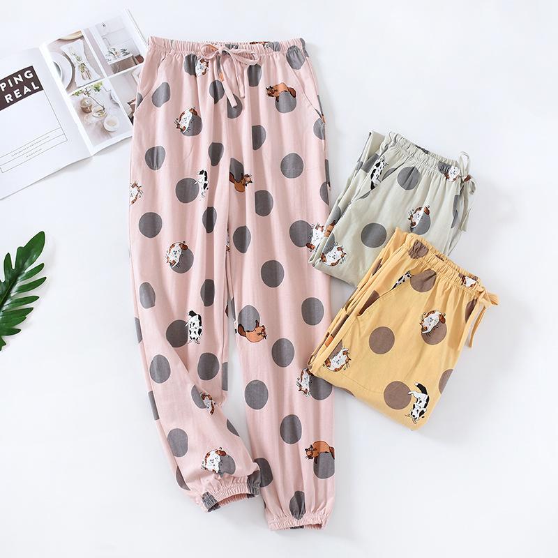 

Japan and South Korea spring and autumn trousers pure cotton ladies home pants autumn winter pants loose cartoon home, Pink dot cat