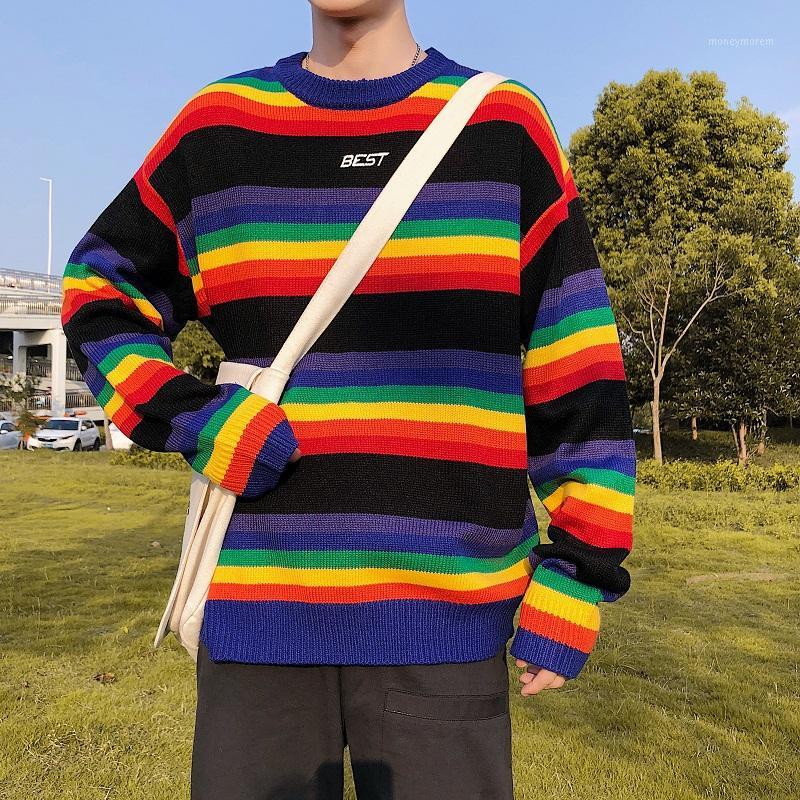 

2020 Autumn Striped Men's Sweaters Korean Sweater Ins Loose Lazy Wind Rainbow Striped Wool Student Coat Knitted Male Sweaters1, Black