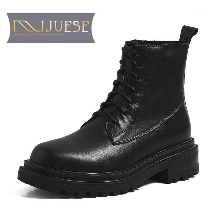 

MLJUESE 2021 women ANKLE boots Cow leather Winter short plush Round Toe Lace-Up High heels female Riding boots size 391, Black