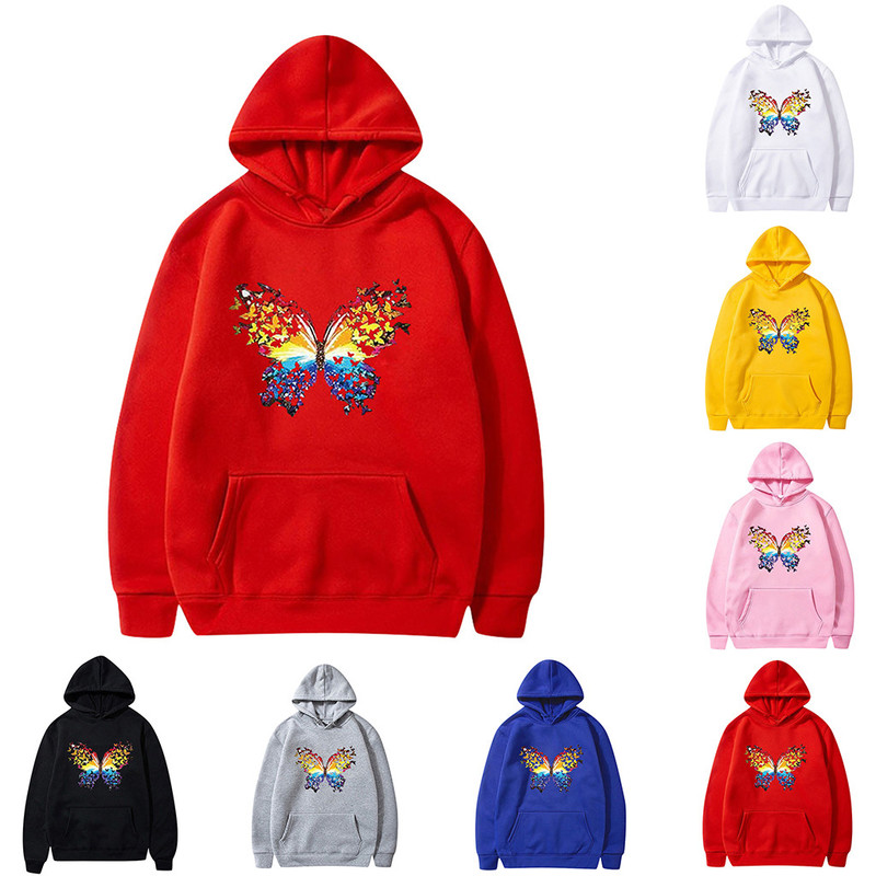 

Hoodie Sweatshirts Women Butterfly Fun Pattern Printed Long Sleeve Hooded Pullover Pocket Female Casual Hoody Oversized, Black
