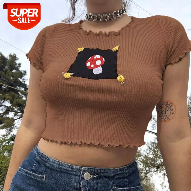 

Indie Aesthetics Patchwork Ribbed Ruffles Brown Tops 90s Vintage O-neck Short Sleeve Tops Mushroom Embroidery #Bi32, White