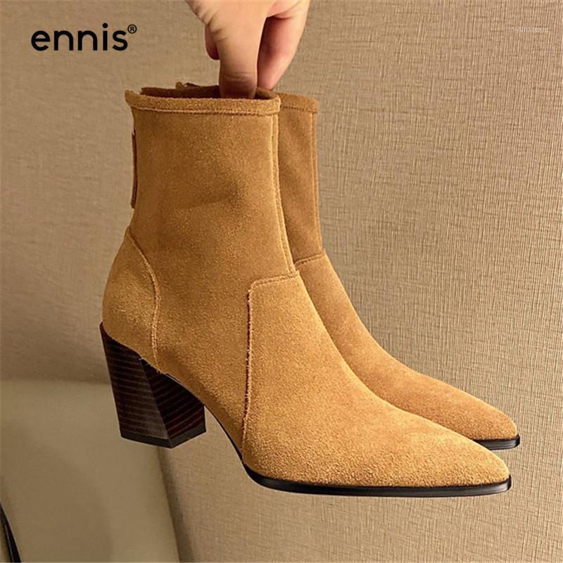 

ENNIS Casual Suede Boots Women Ankle Boots Pointed Toe Shoes Cow Leather Chunky High Heel Autumn Winter Shoes New A02841, Black