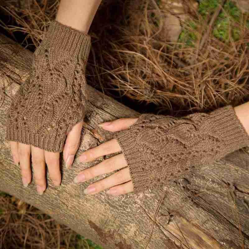 

Warm Knitted Fingerless Gloves Hot Hollow Out Leaves Long Section Winter Long Fingerless Knitting Wool Mittens
