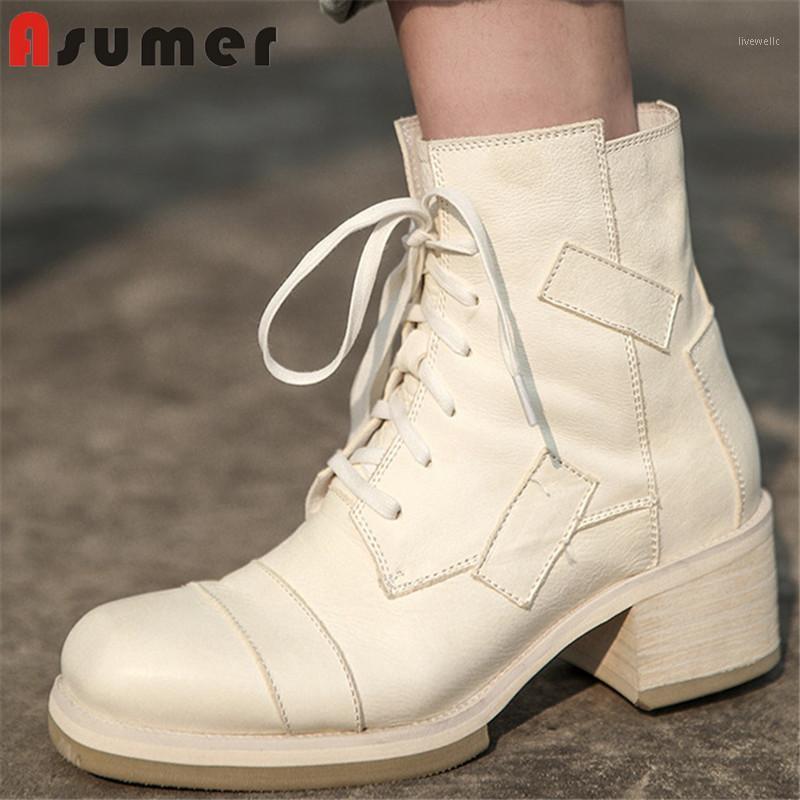 

Asumer 2020 new explosions genuine leather boots women casual shoes round toe zip lace up autumn winter ankle boots woman1, Black not fur