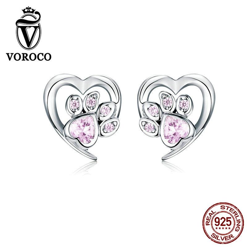 

Stud VOROCO Genuine 925 Sterling Silver Earrings Cute Puppy Heart Shape Love Pet Dog Women Fine Jewelry BKE654