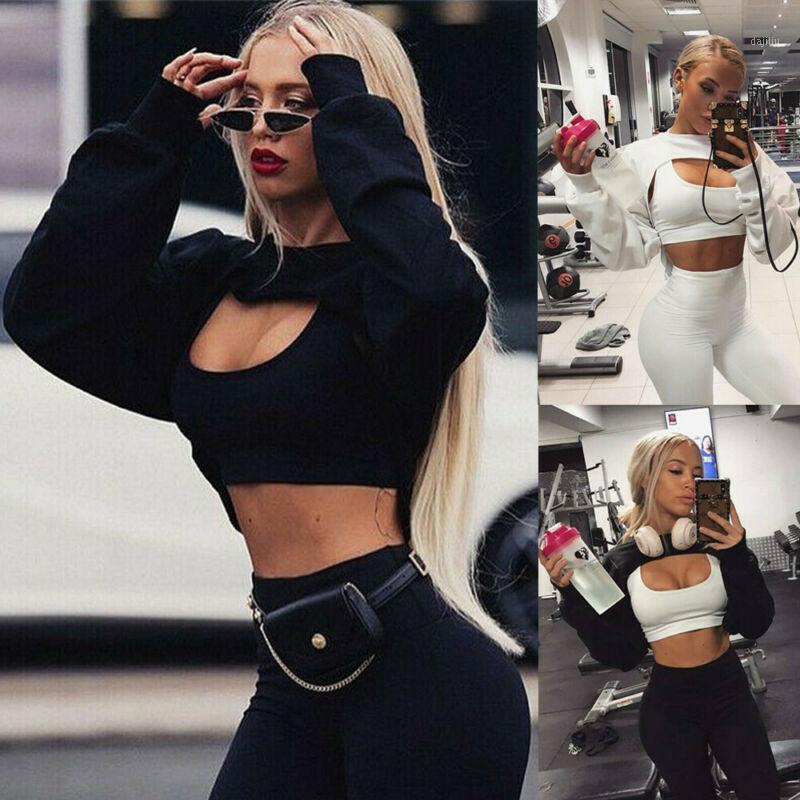 

L Women Hoodie Sweatshirt Long Sleeve Yoga Top Shirt Jumper Sweater Crop top Coat Sports Pullover Tops1, Black