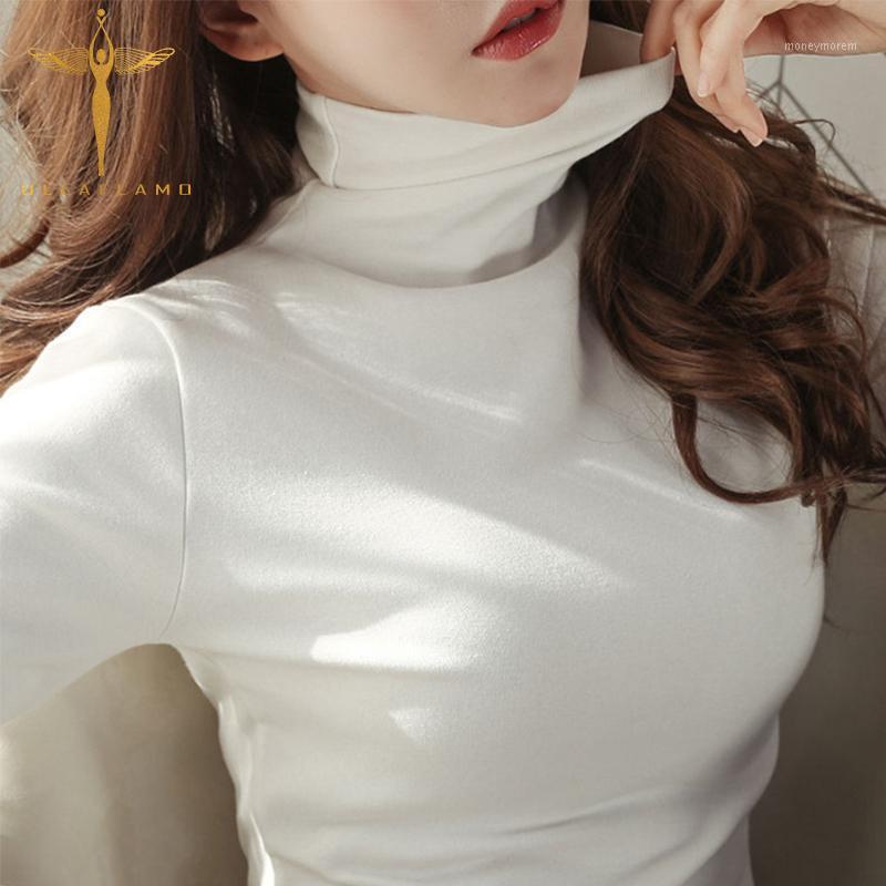 

Turtleneck Solid Color Slim Women T-shirt White Elegant Korean Long Sleeve Shirt Office Lady Female T Shirt Basic Tops Tees1