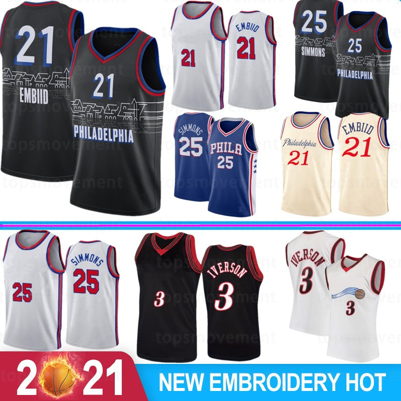 

Allen 3 Iverson Joel 21 Embiid Men' Basketball Jerseys Retro Ben 25 Simmons 2021 Stock Camisetas de baloncesto, 76ren