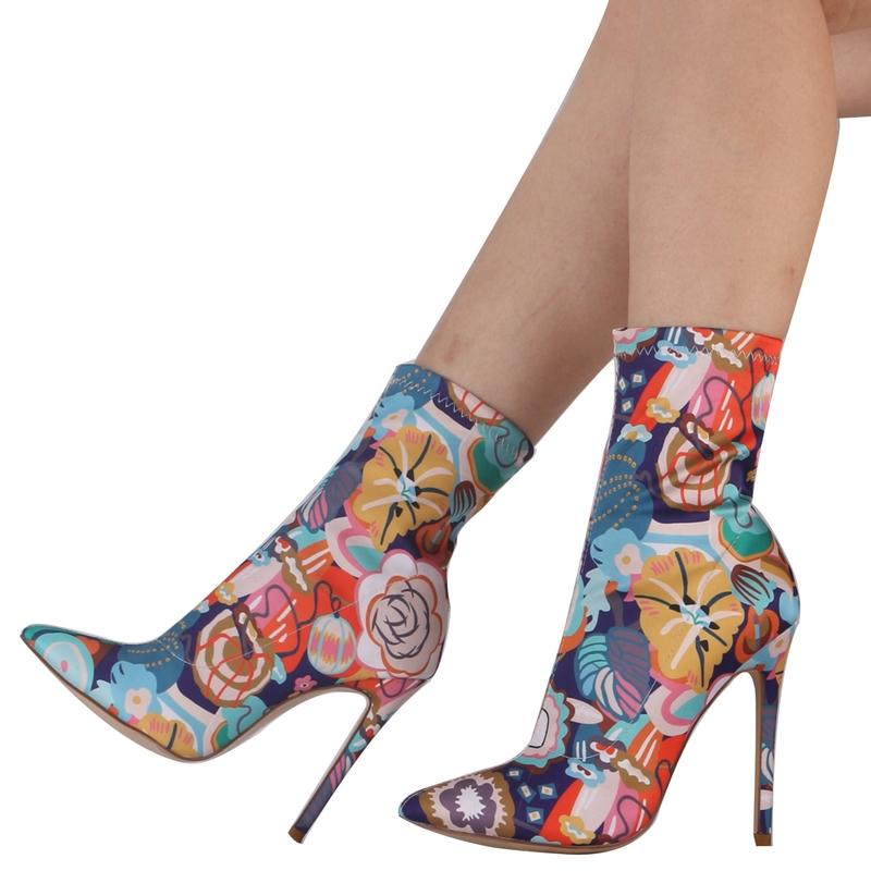 

Big Size 44 Mixed Color Floral Print Women Pointed Toe Slip-on Fashion Ankle Boots High Tops Shoes Women Sexy Short Booties