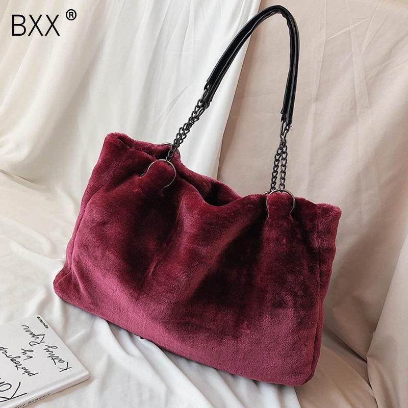 

[BXX] Shoulder Bags for Women 2021 Winter Totes Soft Plush Faux Fur Handbags and Purses Lady Casual High Capacity Hand Bag HP089, Black