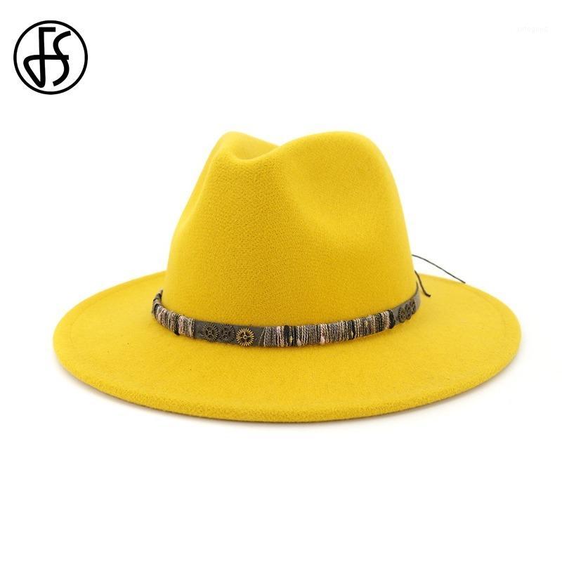 

Wide Brim Hats FS Yellow Black Fedora For Women Wool Fedoras Panama Felt Hat Winter Men Jazz Trilby Party Gentleman Caps1