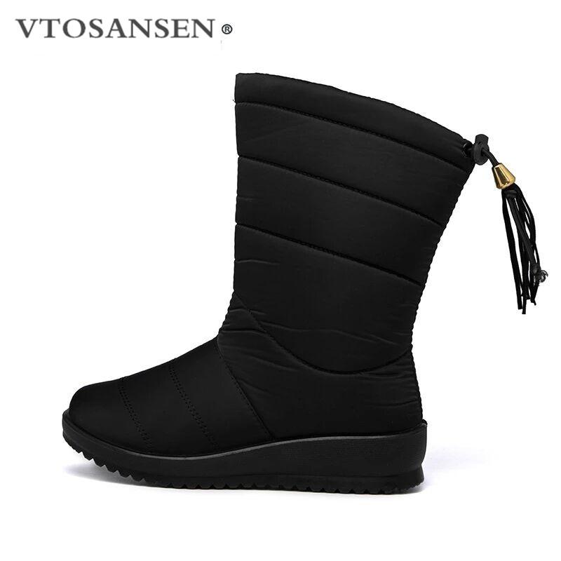 

2020 Winter Boots Women Winter Shoes Mid-Calf Waterproof Snow Boots Wedges Warm Fur Female Shoes Woman Footwear Chaussures, Black