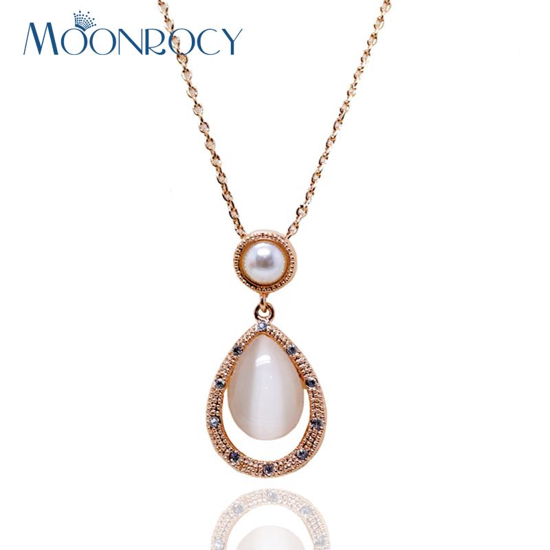 

MOONROCY Rose Gold Color Imitated Pearl Opal Crystal Necklace Vintage Cubic Zirconia Waterdrop for Women Girls Choker Gift