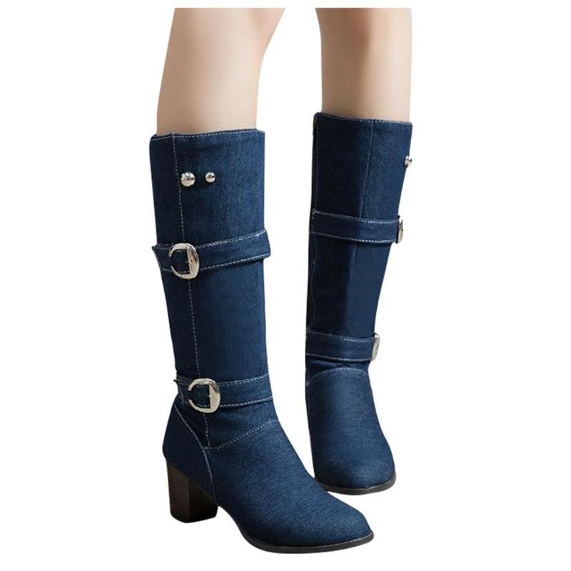 

Women's Warm Square Heel Long Tube Denim Fashion Boots Casual New 2020 winter autumn female shoes footwear black blue