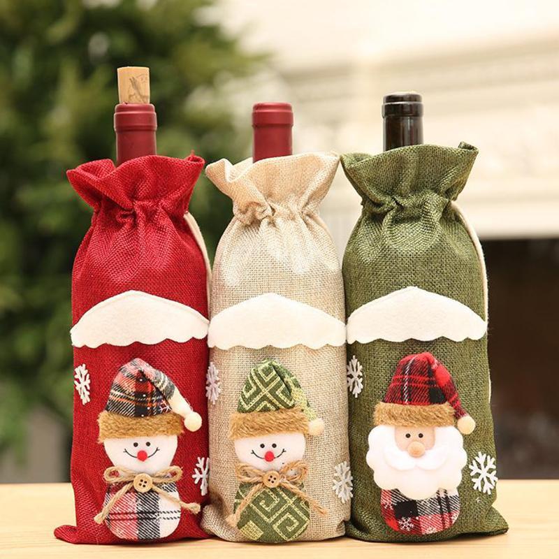 

Christmas Linen Cloth Wine Bottle Cover, Wine Bottle Dress Xmas Party Decorations1