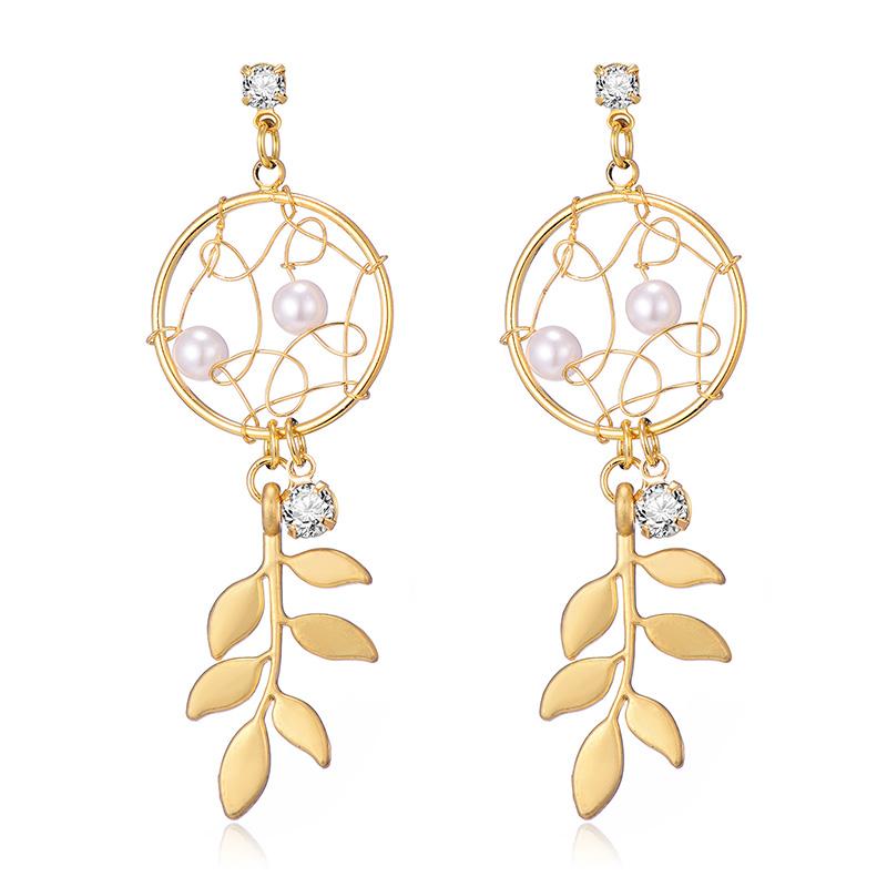 

Fashion Dreamcatcher Leaf Long Tessal Pendant Earring for Women New Alloy Pearl Rhinestone Pendant Earring pendientes
