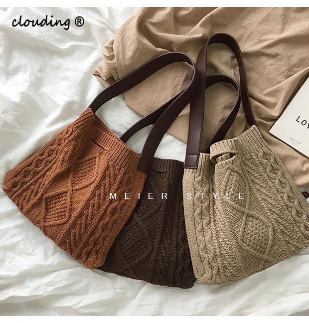 

Female Woolen Knitted Braid Criss Cross Handbag Teenager Crochet Winter Korean Fashion Retro Chic Big Capacity Over Shoulder Bag, Brown