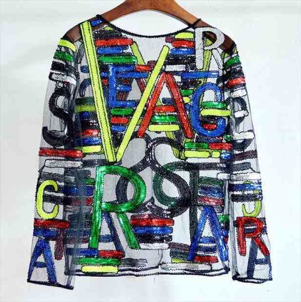 

Autumn Sexy Lady Long Sleeve Sequined Blouse Women Shiny Bling Sequined Shirts Femlae 3d Embroidery Trasparent Top, White