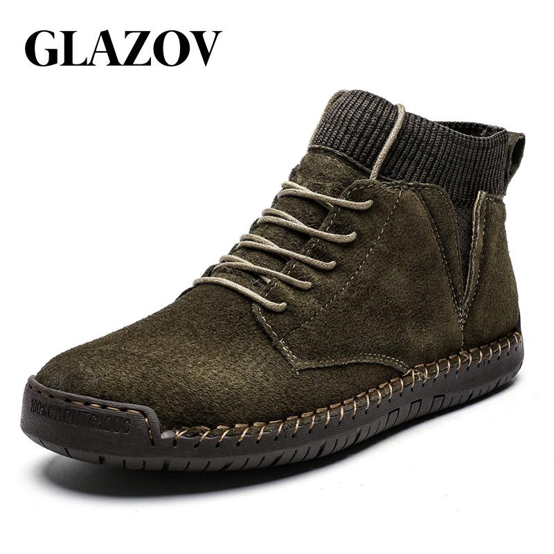 

GLAZOV Men Snow Boots Winter Plush Warm Men Motorcycle Boots Lace-Up Non-slip Male Ankle Waterproof Autumn Man Work Shoes, Brown leather