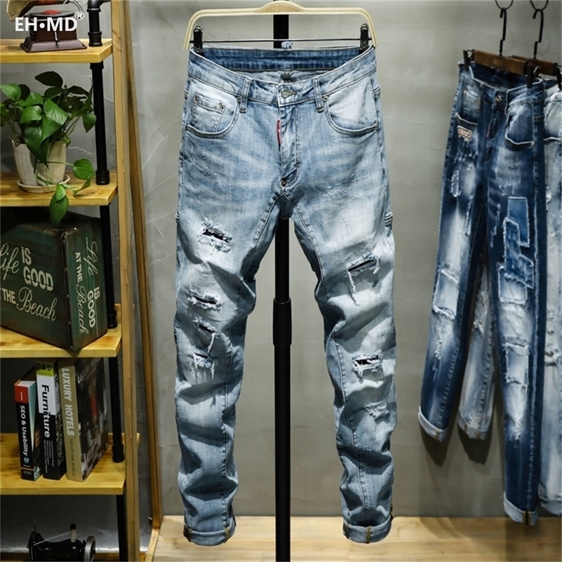 

EH · MD® Triple Stitching Jeans Men's Large Leather Label Soft Casual Cotton Loose Scratch Trousers Holes Red Ears High-end 201128, Sky blue