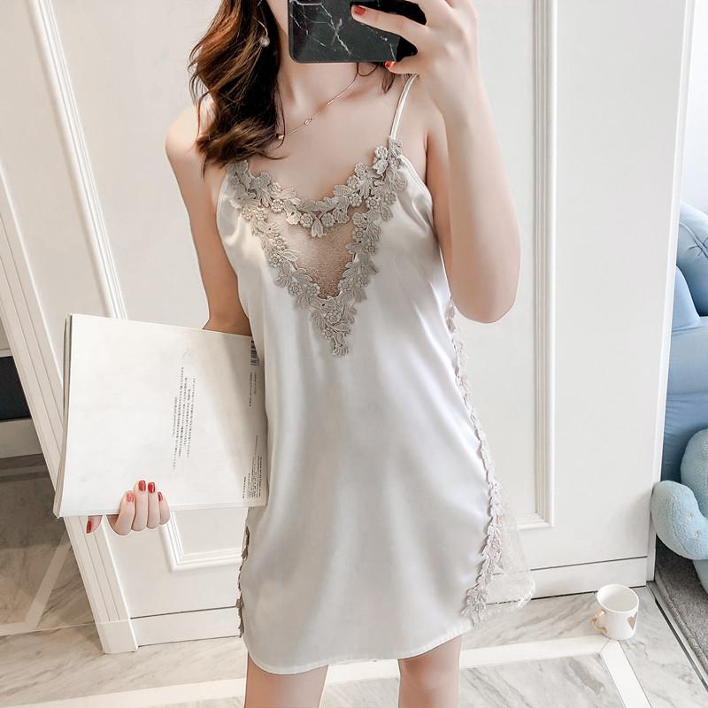

White Women Sleepwear 2020 Summer Lace Lingerie Nightgown Sexy Backless Night Dress Forked Home Wear Elegant Satin Negligees, Black