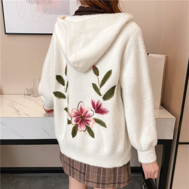 

2021 New False Mink Velvet Fall with Hood Short Mesh Only-breasted Embroidered Woolen Fleece Jacket OY2L, Beige