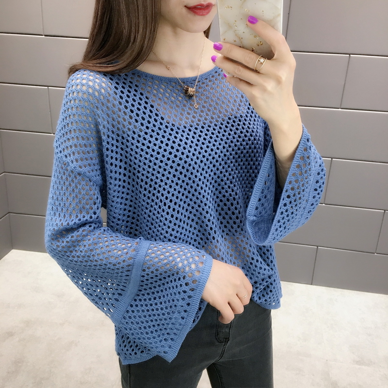 

2021 New Spring O-neck Fashion Hollow Tops Mesh Blue Pullovers Thin Female Sweater J6AY, Photo color